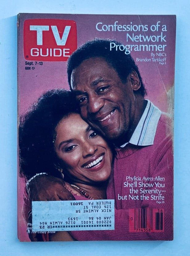 TV Guide Magazine cover from September 7, 1985, featuring The Cosby Show with a close-up of the stars smiling together. Ideal for collectors interested in vintage TV memorabilia.