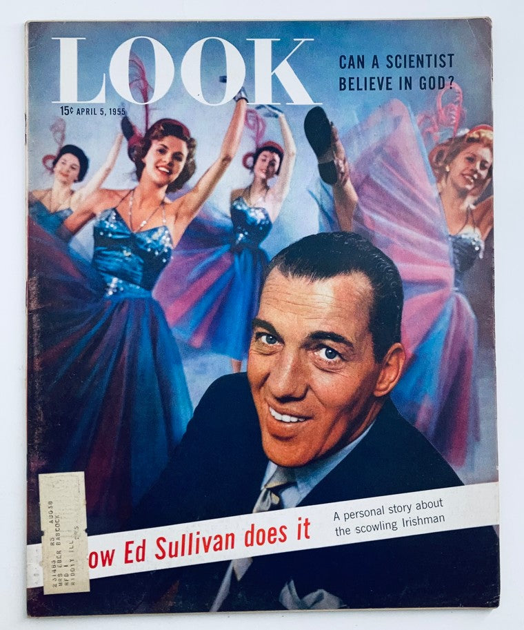VTG Look Magazine Cover from April 5, 1955, featuring Ed Sullivan and dancers in vibrant dresses, showcasing the charm of mid-20th century culture.