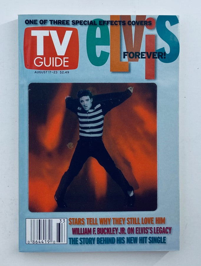 TV Guide Magazine August 17 2002 featuring Elvis Presley on the cover, showcasing a special effects design. The cover highlights the enduring legacy of Elvis with a compelling image and headlines about his influence and new hit single.
