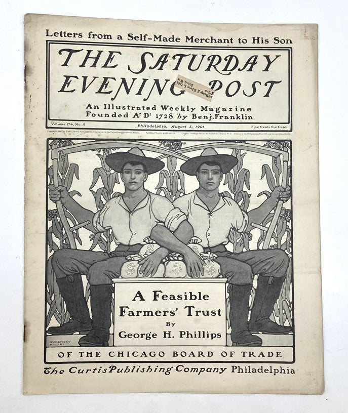 Saturday Evening Post Illustrated Cover August 3, 1901 featuring a depiction of two farmers representing a 'Feasible Farmers' Trust' in a vintage magazine cover design.