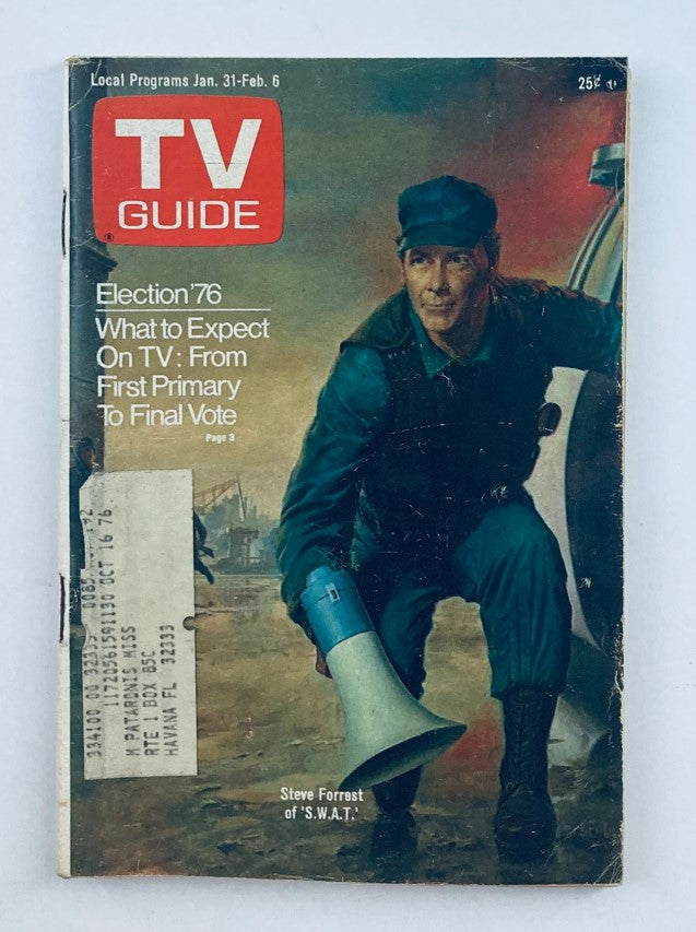TV Guide Magazine January 31 1976 featuring Steve Forrest on the cover, showcasing a vintage design with a focus on 1970s television culture, including headlines on election programming.