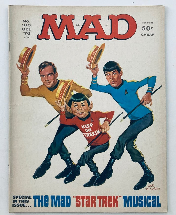 Cover of VTG Mad Magazine October 1976 No. 186 featuring the Star Trek Musical theme, with colorful illustrations of characters resembling Captain Kirk and Spock.