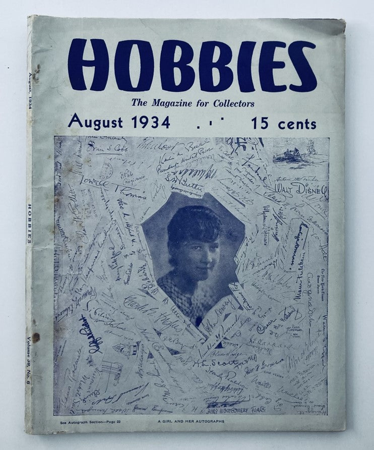 Cover of VTG Hobbies Magazine August 1934, Volume 39 No. 6 featuring a vintage photo and intricate signatures, showcasing the theme of collectors.