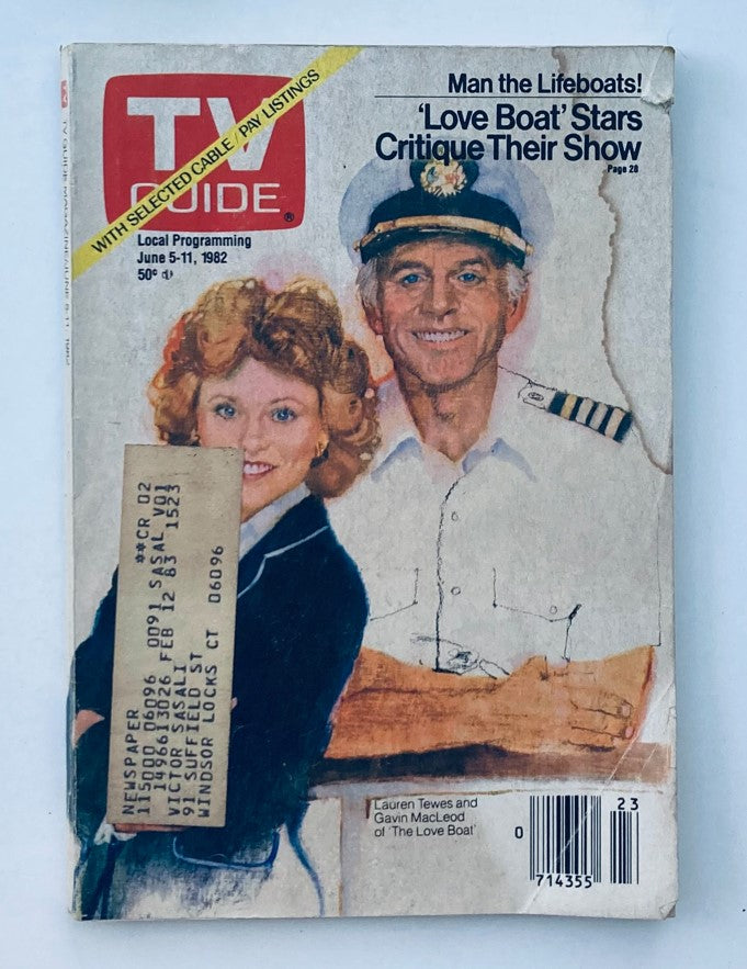 TV Guide Magazine cover from June 5, 1982 featuring Lauren Tewes and Gavin MacLeod, highlighting their roles on 'The Love Boat', with indicative local programming details from Hartford-New Haven.