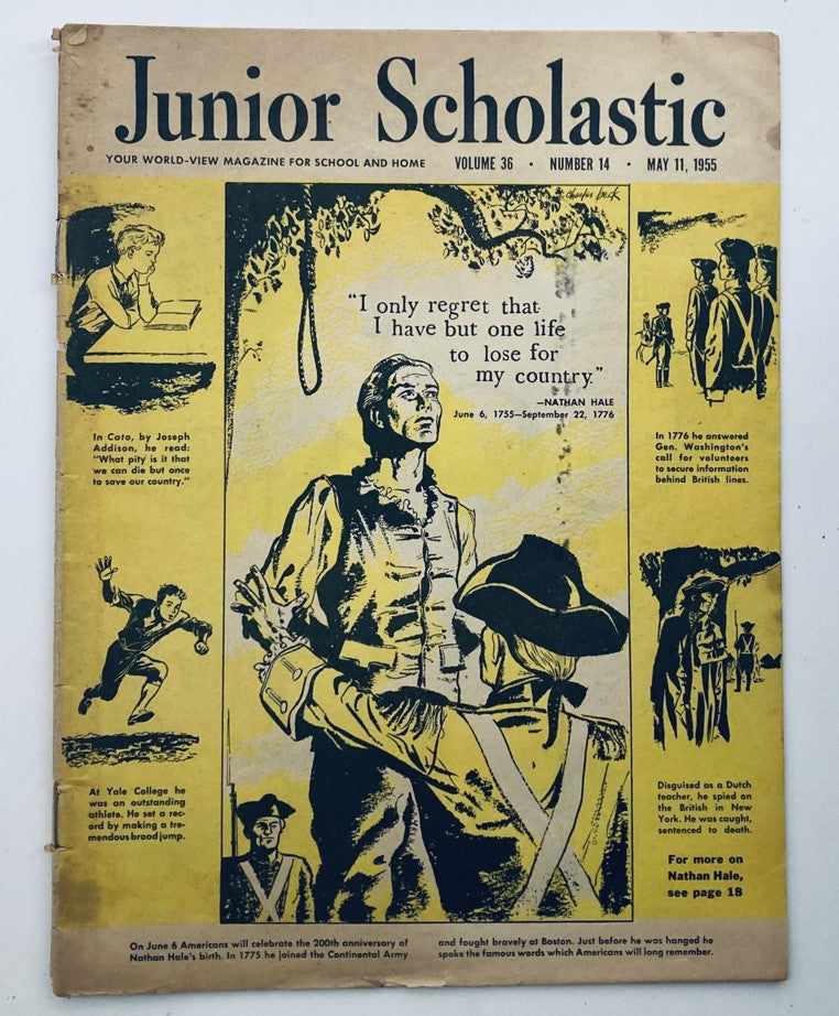VTG Junior Scholastic Magazine May 11 1955 cover featuring Nathan Hale, showcasing a historical illustration and quote, highlighting his role in American history, ideal for collectors and educational purposes.