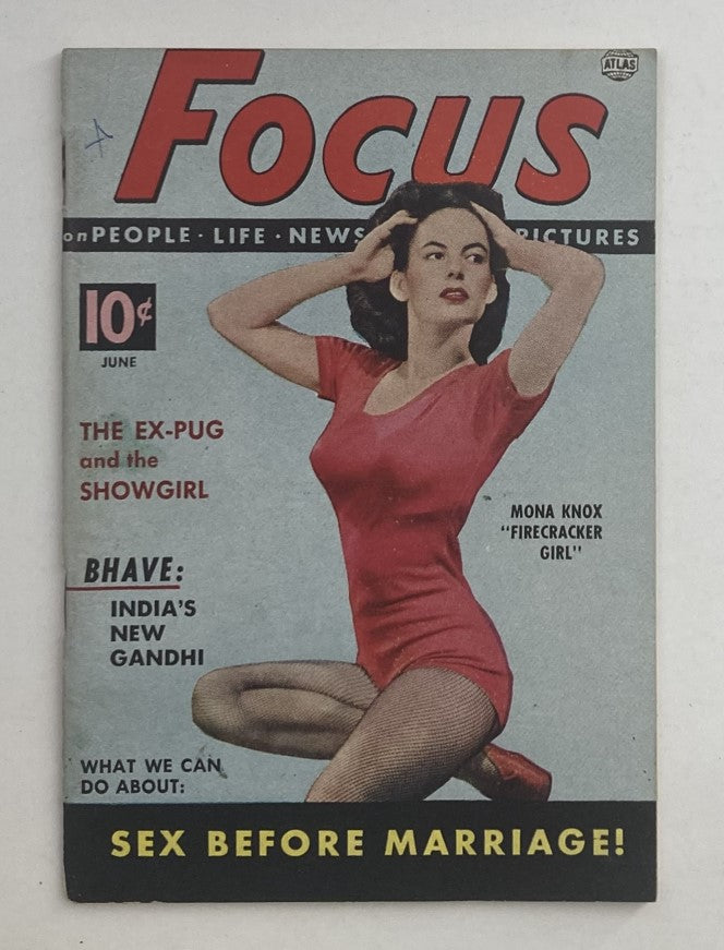 VTG Focus Magazine June 1952 featuring Mona Knox as Firecracker Girl, depicting 1950s culture with vibrant cover art.