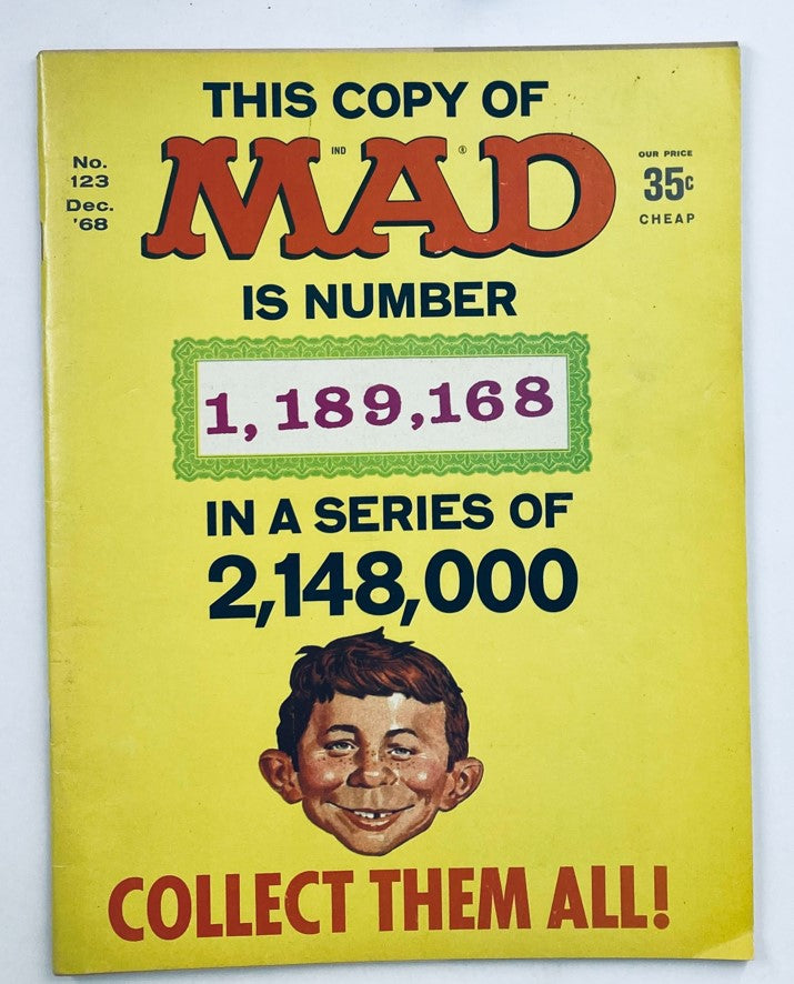Cover of Mad Magazine December 1968 No. 123 showing vibrant design with large title and humorous illustration, a collector's item.