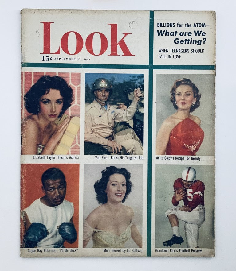 Cover of VTG Look Magazine September 11 1951 Vol 15 No. 19 featuring Elizabeth Taylor, showcasing the glamour of the early 1950s with additional images of notable figures and topics from that era.