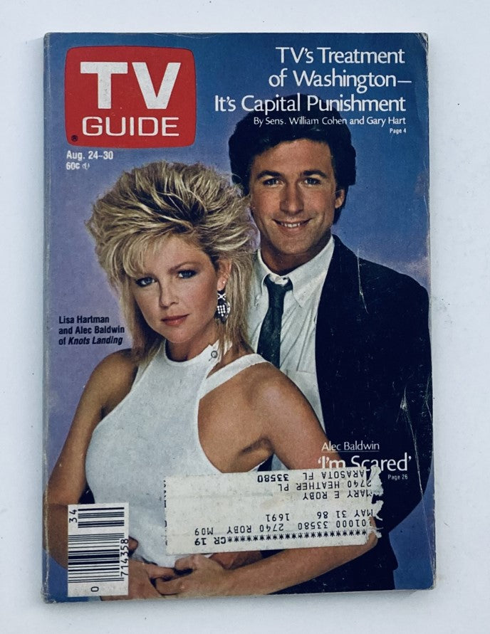 Cover of TV Guide Magazine, August 24, 1985, featuring Lisa Hartman and Alec Baldwin, highlighting TV's capital punishment article. A vintage piece showcasing 1980s television history.