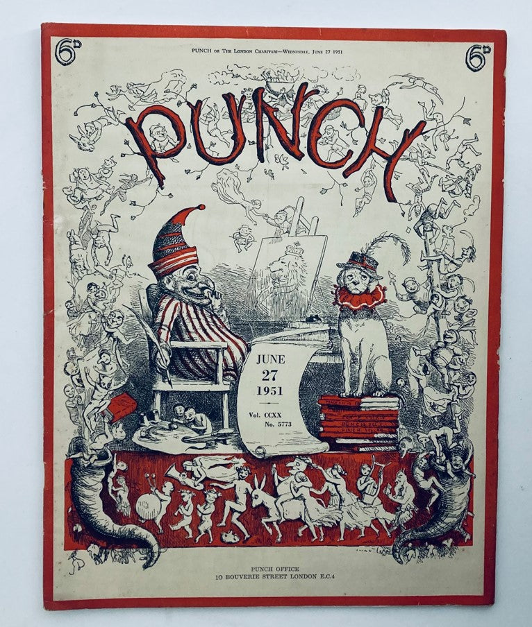 Cover of Punch Magazine, June 27, 1951, Vol. 220, No. 5773, featuring whimsical cartoons and a colorful illustration of a jester and animals, showcasing WWII-themed humor.