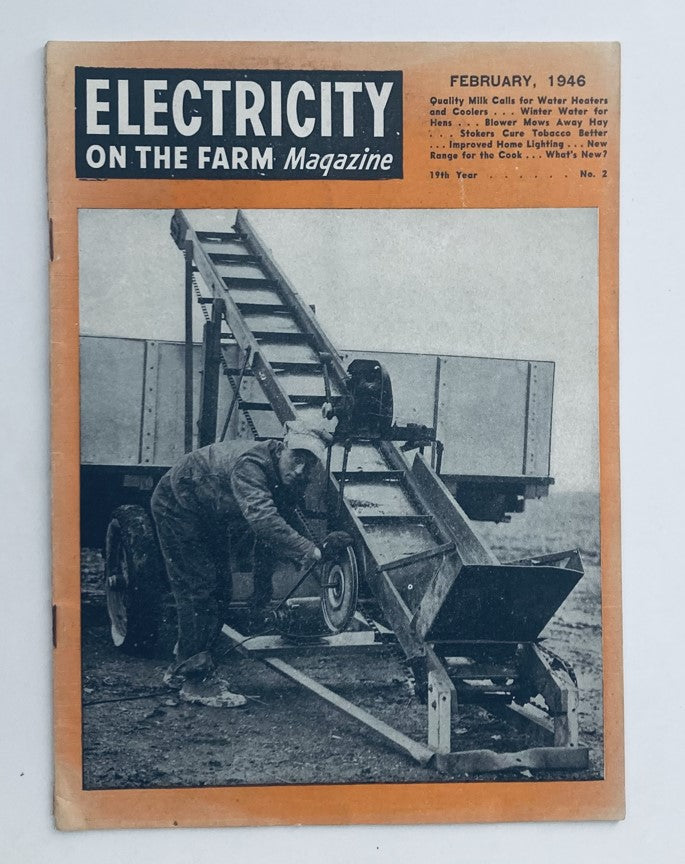 Cover of VTG Electricity on the Farm Magazine February 1946 featuring an article about innovative farming technology including a blower that mows away hay.