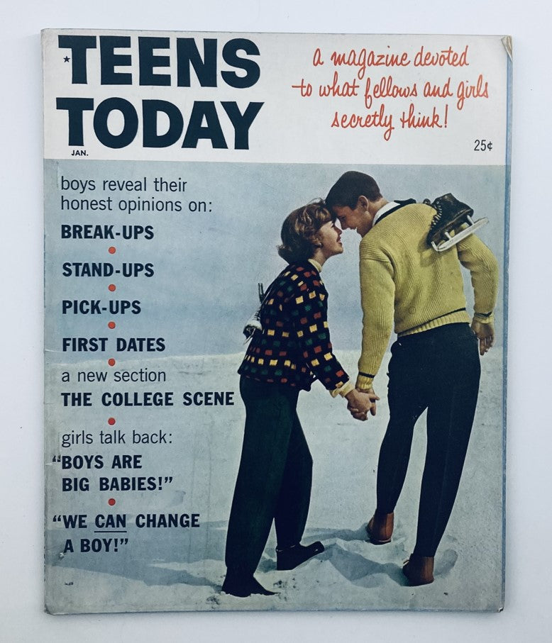 Cover of VTG Teens Today Magazine, January 1960, Volume 1, Number 5, featuring a couple on an ice rink, discussing teen topics such as break-ups and first dates, showcasing vintage 1960s fashion.