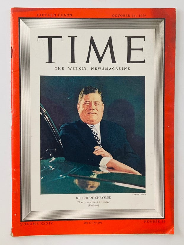 Cover of the VTG Time Magazine October 16 1939 featuring Kaufman T. Keller of Chrysler, showcasing a portrait of Keller with a car, highlighting the magazine's historical significance in American automotive history.