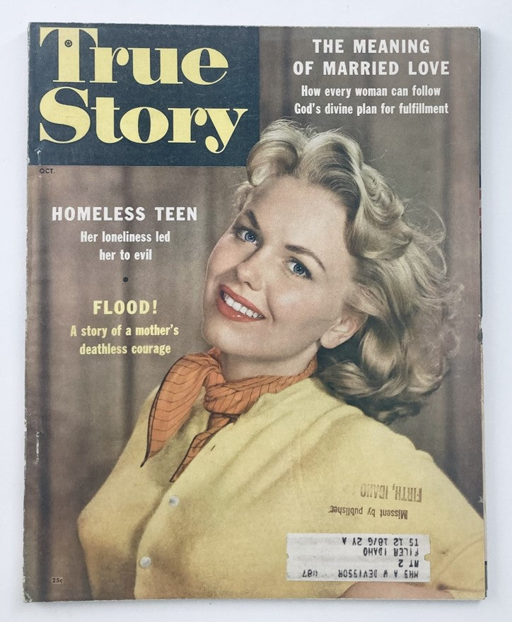 Cover of VTG True Story Magazine October 1956, Volume 75, Number 3 showcasing the theme 'The Meaning of Married Life' with an image of a smiling woman in a yellow blouse.