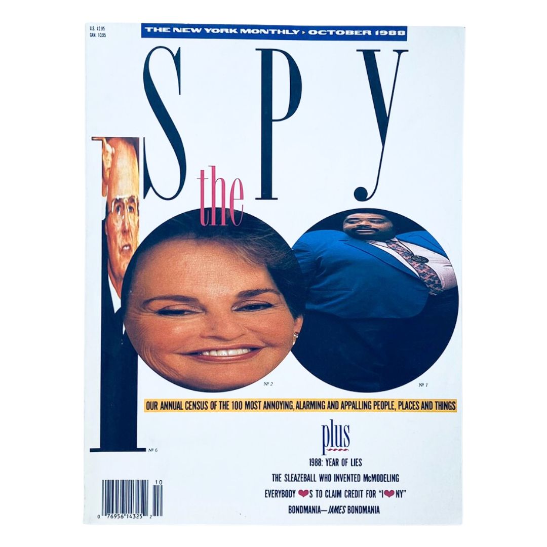 Cover of VTG Spy Magazine October 1988 featuring notable figures and satirical graphics, highlighting articles on culture and politics during the late 1980s.