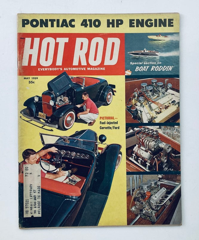 VTG Hot Rod Magazine May 1959 Vol 12 No. 5 Cover featuring a Fuel-Injected Corvette and Ford with car enthusiasts, showcasing automotive history.