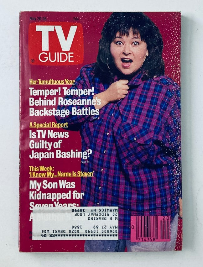 TV Guide Magazine cover featuring Roseanne Barr, dated May 20, 1989, showcasing her comedic persona and the featured articles including backstage stories and TV news reports.