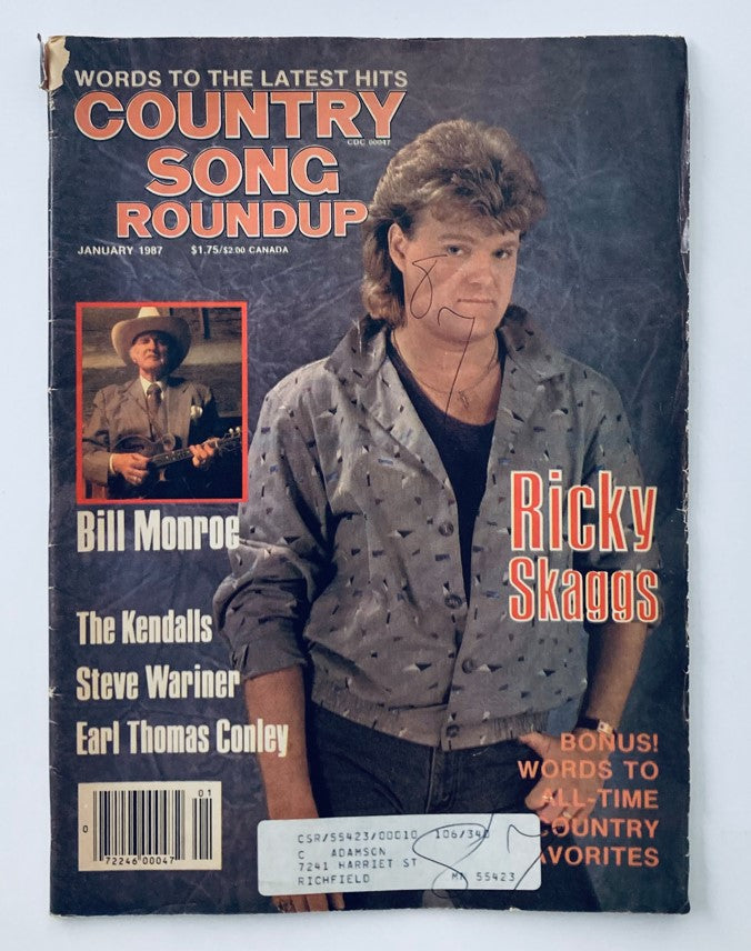 Cover of VTG Country Song Roundup Magazine January 1987 featuring Ricky Skaggs and Bill Monroe, showcasing vintage country music icons.