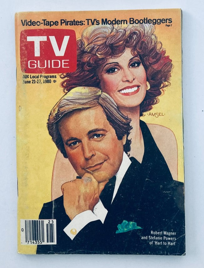 Cover of TV Guide Magazine from June 21, 1980 featuring Robert Wagner and Stefanie Powers, showcasing a vibrant illustration of the actors with the title 'Video-Tape Pirates: TV’s Modern Bootleggers'.