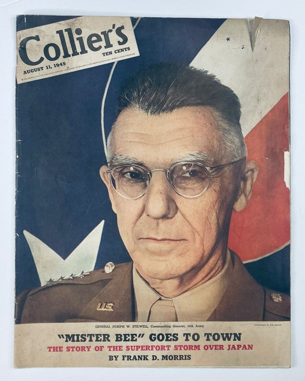 Cover of VTG Collier's Magazine August 11 1945 featuring General Joseph W. Stilwell, Volume 116 No. 6, with the headline about 'Mister Bee' and a background of military insignia.