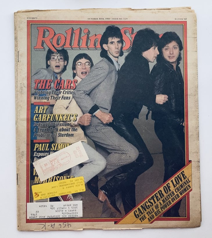 Vintage Rolling Stone Magazine October 30, 1980, Issue 329 featuring The Cars and Art Garfunkel, showcasing a classic cover with a photo of the band. This collectible magazine captures the essence of late 70s and early 80s music culture.