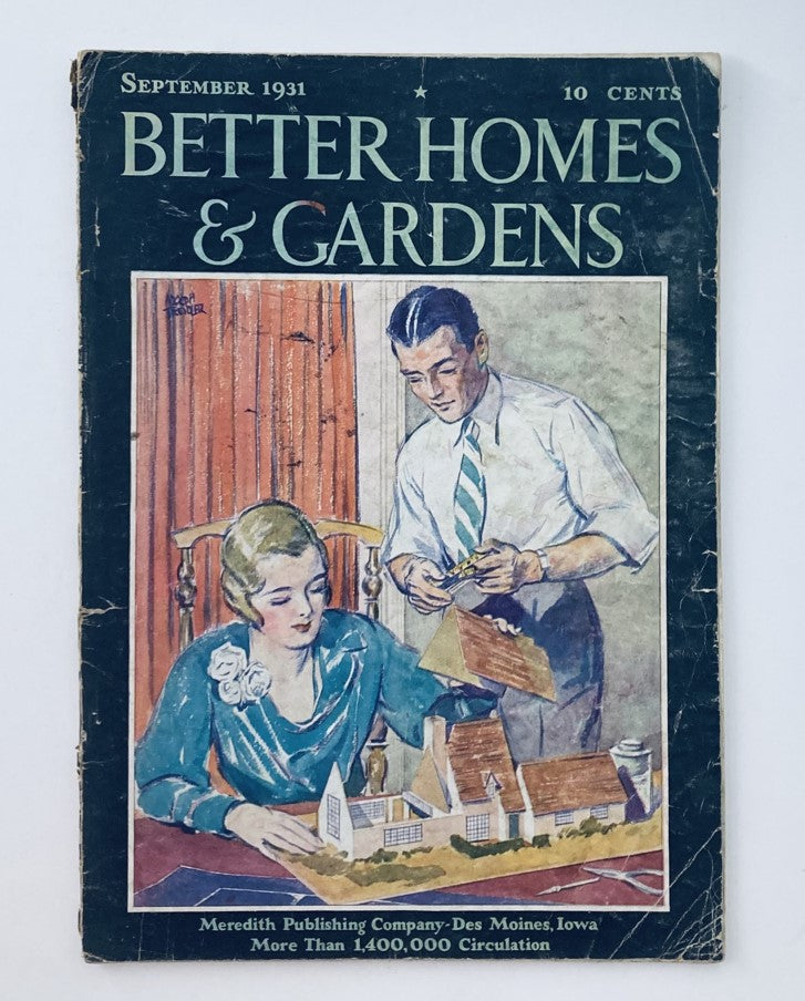 Cover of Better Homes & Gardens Magazine September 1931 featuring an illustrated couple working together on a model house, highlighting the magazine's focus on home and gardening tips.