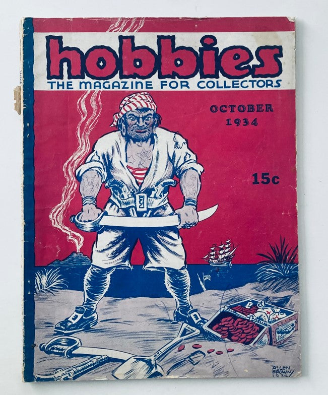 Vintage magazine titled 'Hobbies: The Magazine for Collectors' from October 1934 featuring a striking cover illustration of a pirate holding a sword, appealing to collectors of historical publications.