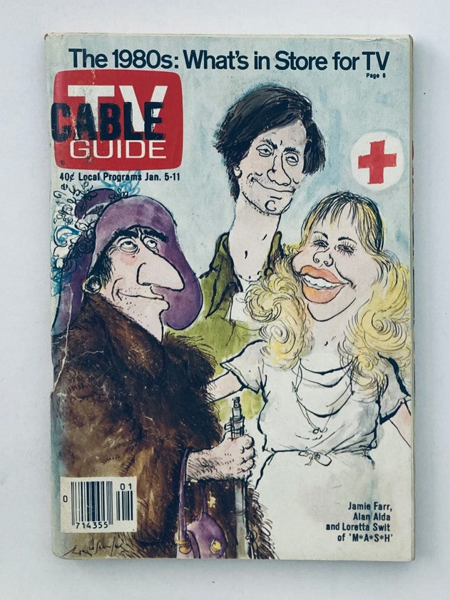 TV Guide Magazine January 5 1980 featuring caricatures of Jamie Farr, Alan Alda, and Loretta Swit from M*A*S*H, showcasing the 1980s television landscape with playful artwork. Central PA edition with no label, perfect for collectors and TV history enthusiasts.