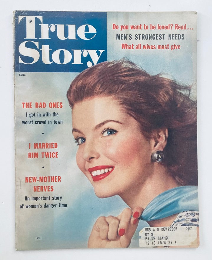Cover of VTG True Story Magazine August 1956 featuring a smiling woman, highlighting the issue's themes and stories including 'The Bad Ones,' 'I Married Him Twice,' and 'New-Mother Nerves.'