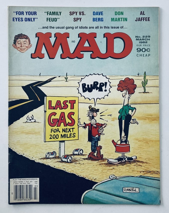 Cover of Mad Magazine March 1982 No. 229, titled 'For Your Eyes Only', featuring humorous illustrations and text. The cover highlights satirical content, including 'Family Feud' and 'Spy vs. Spy', with colorful artwork by Don Martin and other contributors, and a quirky scene with characters near a gas station sign.