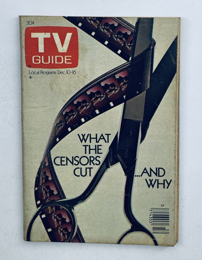 TV Guide Magazine December 10 1977 cover featuring scissors cutting a film reel with the text 'What the Censors Cut ... and Why'. A collector's item from Wheeling-Steubenville edition.