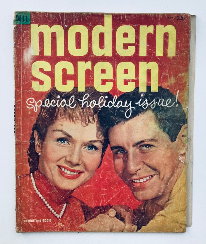 VTG Modern Screen Magazine December 1957 featuring Debbie Reynolds and Eddie Fisher on the cover, highlighting the special holiday issue with vibrant colors and a vintage style.