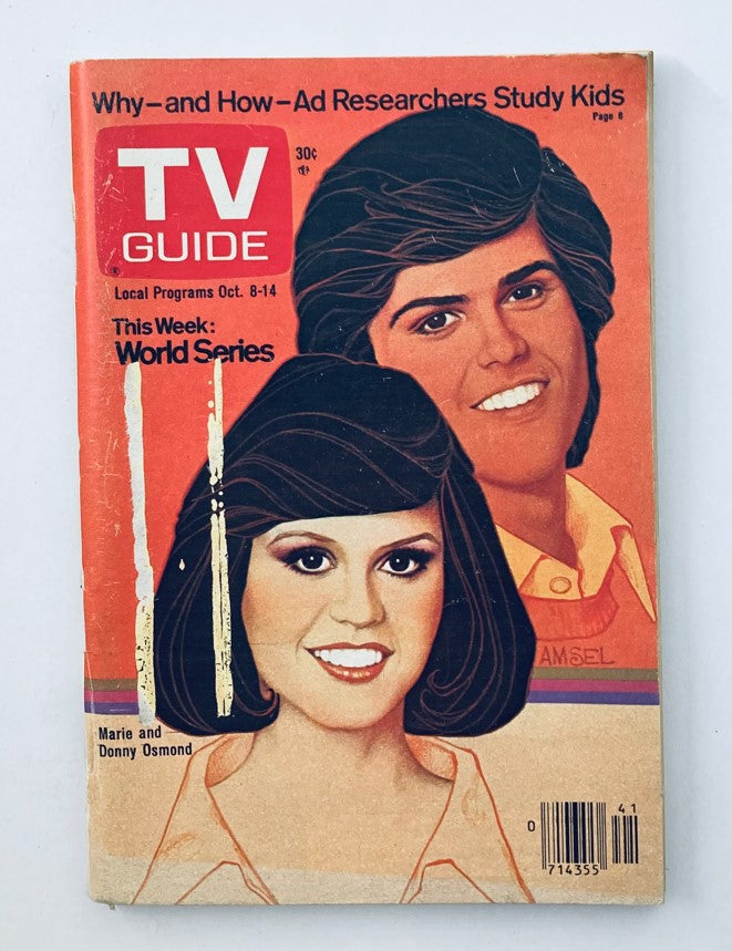 TV Guide Magazine cover from October 8, 1977, featuring Marie and Donny Osmond. The vibrant design showcases their portraits, highlighting the era's pop culture. Ideal for collectors and fans of 1970s television.