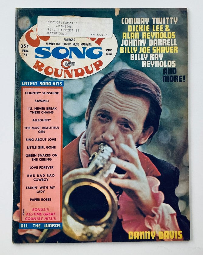 VTG Country Song Roundup Magazine February 1974 featuring Danny Davis on the cover with a trumpet, showcasing country music stars like Conway Twitty and highlights from the era.