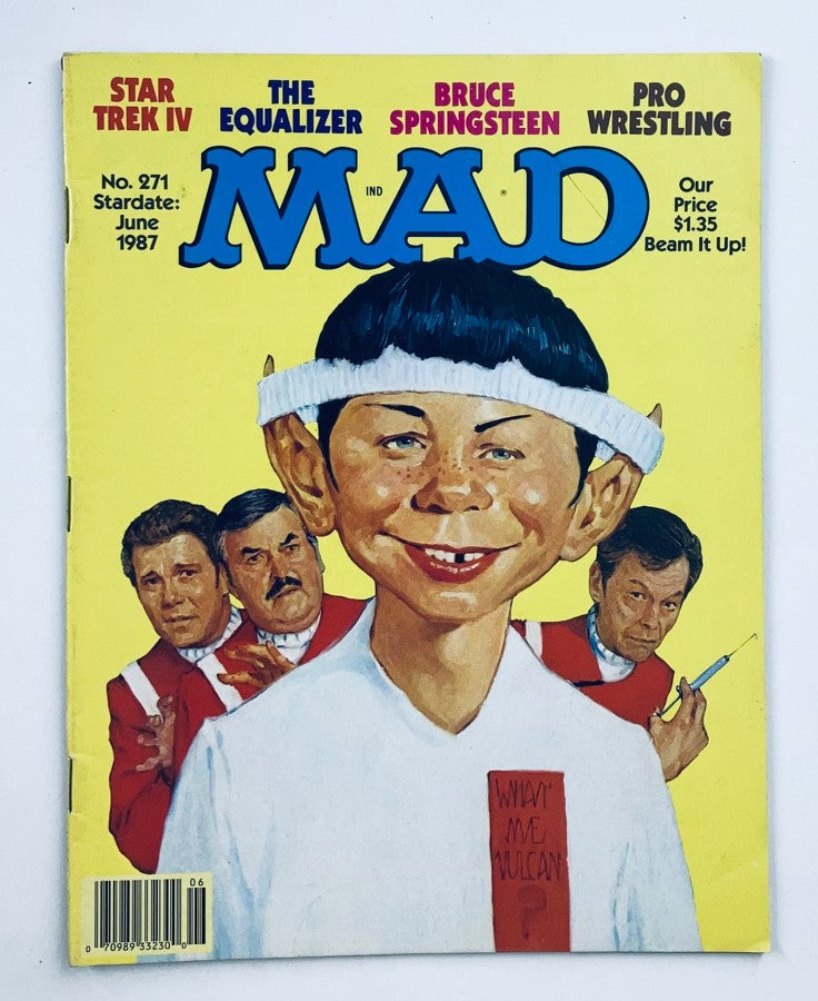 Cover of Mad Magazine June 1987 No. 271 featuring Star Trek IV, The Equalizer, Bruce Springsteen, and Pro Wrestling with iconic character depiction.
