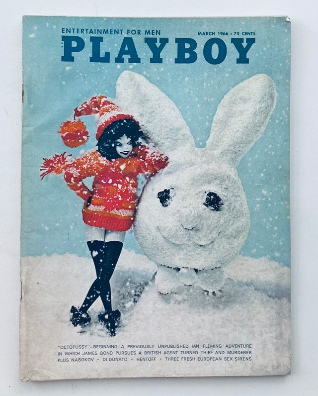 Cover of VTG Playboy Magazine March 1966 featuring a model in winter attire alongside a snow bunny, representing vintage pop culture.