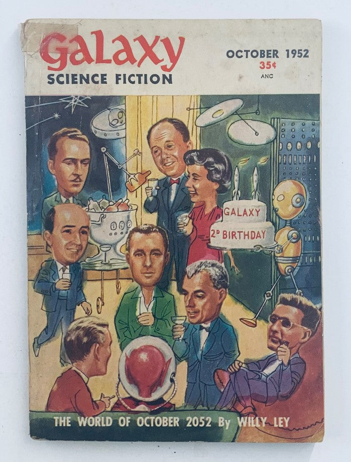 Galaxy Science Fiction Magazine October 1952 cover featuring an illustration celebrating its 2nd birthday, showcasing imaginative characters and themes from the future.