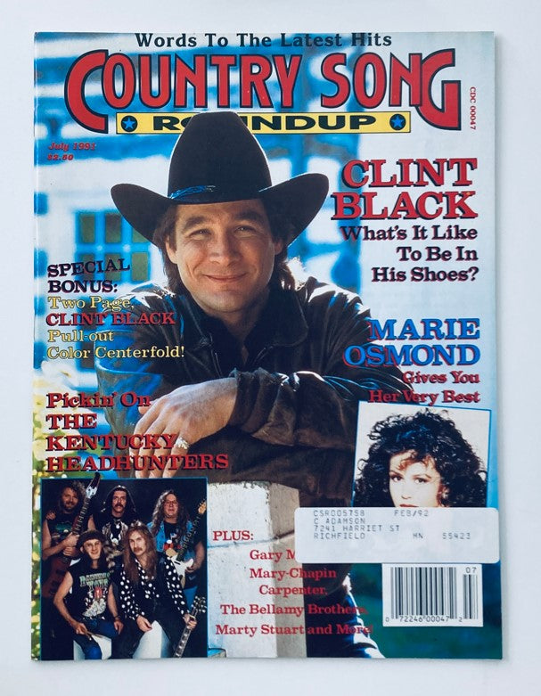 Cover of Country Song Roundup Magazine July 1991 featuring Clint Black and Marie Osmond, showcasing country music themes and contributions.