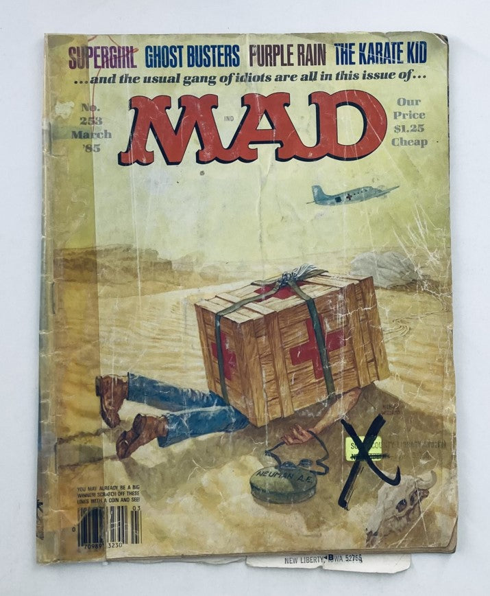Mad Magazine March 1985 No. 253 cover featuring 'The Karocky Kid 2.0' with humorous illustrations and references to pop culture including Ghostbusters and Purple Rain.