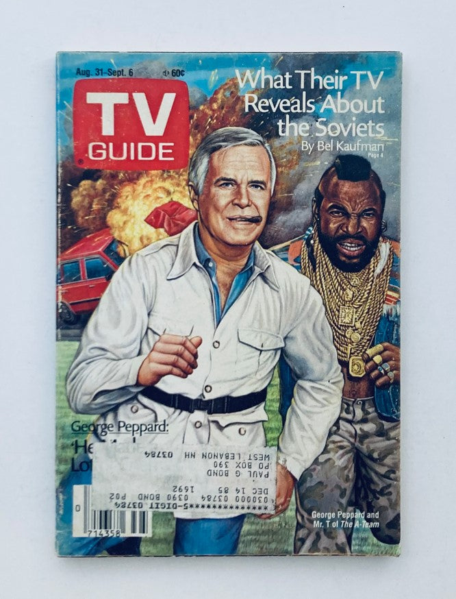 TV Guide Magazine cover from August 31, 1985 featuring George Peppard and Mr. T, portraying two iconic characters from the A-Team against an explosive backdrop, showcasing TV history and nostalgia.
