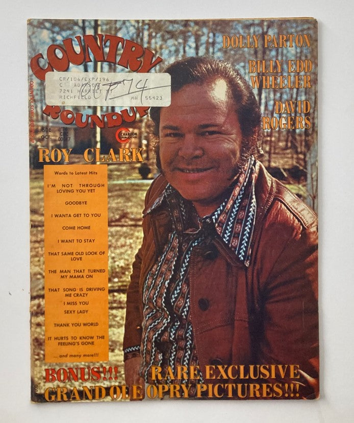 Vintage Country Song Roundup magazine cover from October 1974 featuring Roy Clark, along with Dolly Parton, Billy Edd Wheeler, and David Rogers. The magazine highlights exclusive content from the golden age of Country music.