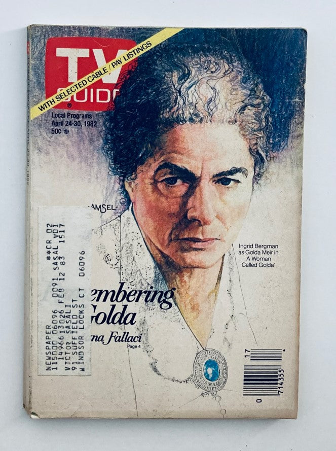 Cover image of the TV Guide Magazine from April 24, 1982 featuring Ingrid Bergman as Golda Meir in 'A Woman Called Golda', highlighting the program listings with a vintage aesthetic.