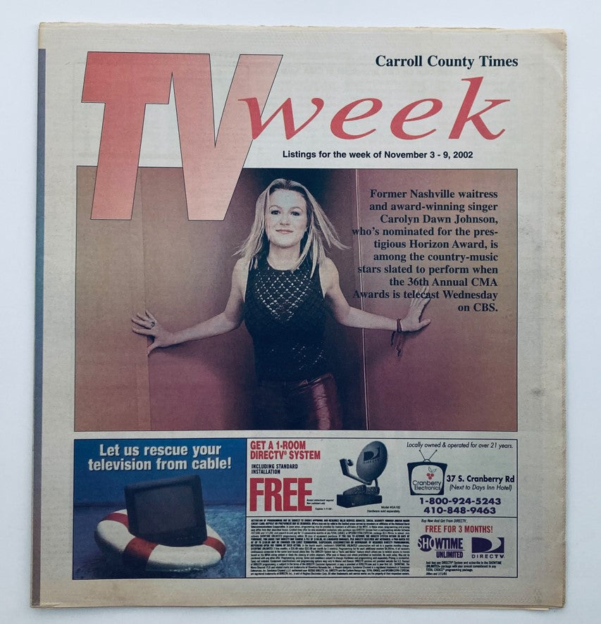 TV Week Magazine cover from November 3, 2002, featuring Carolyn Dawn Johnson, award-winning singer and nominee for the Horizon Award. Magazine highlights the 36th Annual CMA Awards broadcast on CBS.