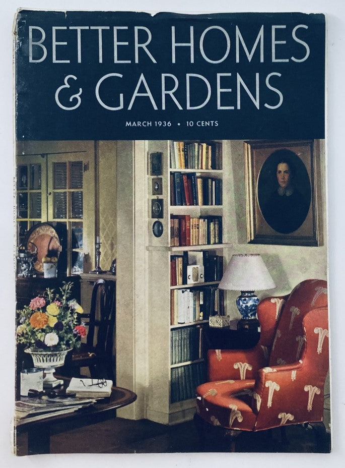 Cover of Better Homes & Gardens Magazine March 1936 titled Lilacs in the Dooryard, showcasing a vintage interior with bookshelves, a decorative lamp, and a patterned red chair.