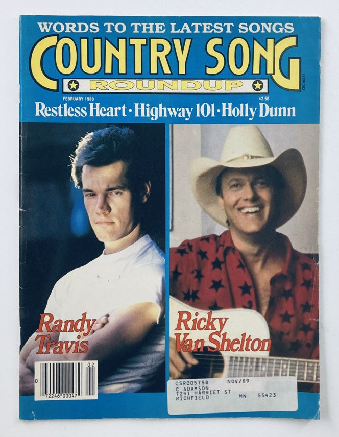 Cover of Country Song Roundup Magazine February 1989 featuring Randy Travis and Ricky Van Shelton, showcasing country music legends.