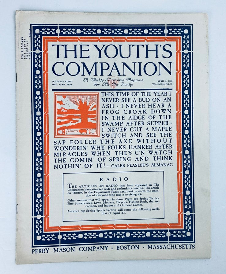 Cover of VTG The Youth's Companion Magazine from April 9, 1925, featuring articles on radio technology, showcasing vintage design and historical significance.