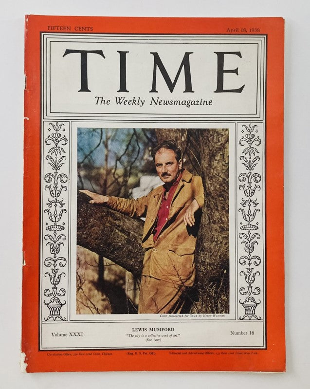 Vintage Time Magazine April 18 1938 featuring historian Lewis Mumford on the cover, showcasing a classic design typical of the era.