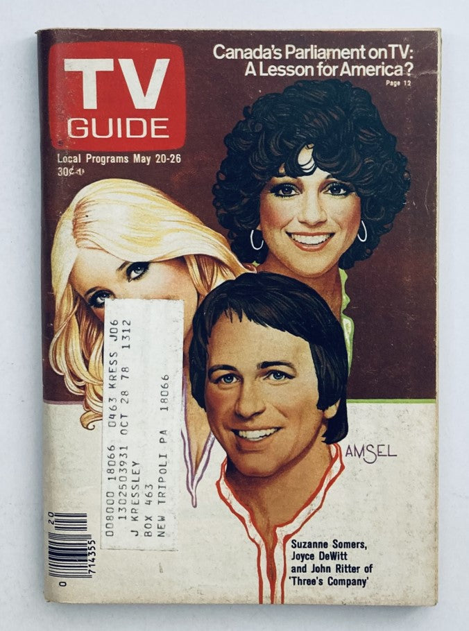 Cover of TV Guide Magazine May 20 1978 #1312 featuring John Ritter, Joyce DeWitt, and Suzanne Somers from 'Three's Company'. The magazine highlights local programs and television articles.