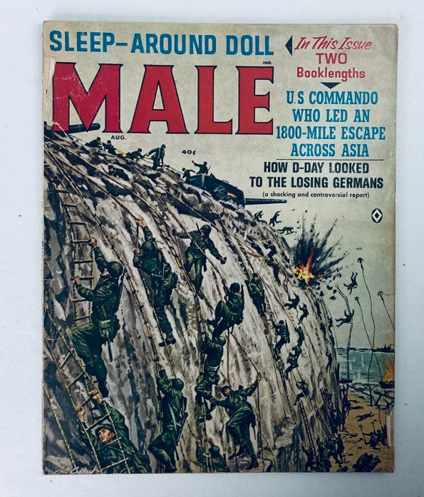 Cover of VTG Male Magazine August 1963 Vol 13 No. 8, featuring the title 'Male' in bold red letters and an illustration of soldiers climbing a cliff, with an article headline about '1800-Mile Escape Across Asia'.