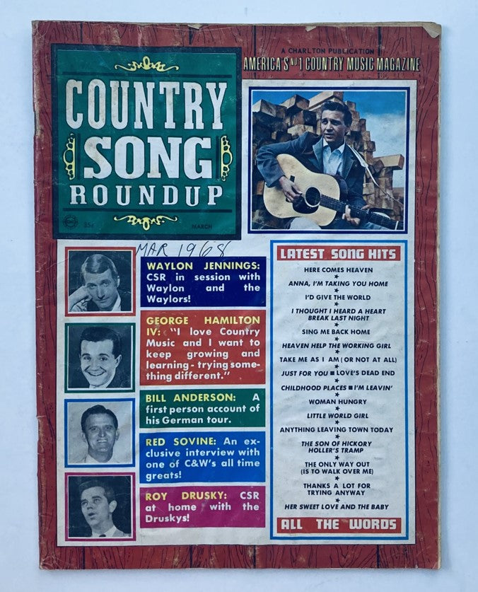 Cover of VTG Country Song Roundup Magazine March 1968 featuring Waylon Jennings with a guitar, showcasing latest song hits and country music articles.